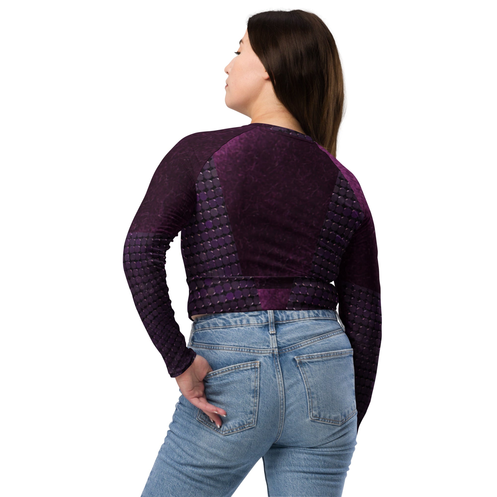 Long-sleeve gym crop top. Ideal fitness top, runner's or yoga top. "Mulberry" by WickedYo.
